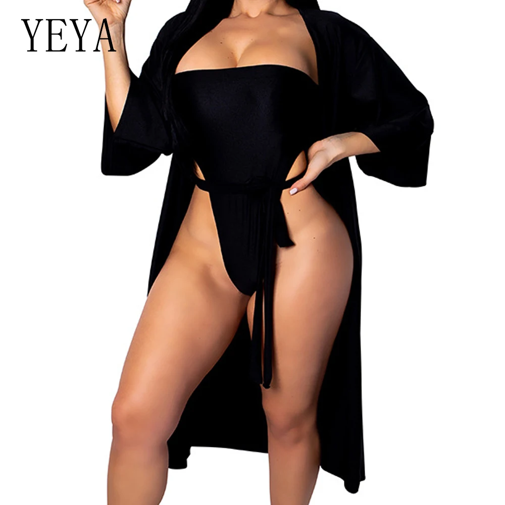 

YEYA Sexy Wrapped Chest Jacket with Two-piece Swimsuit Beachwear Women Casual Skinny Bandage Playsuits Summer Female Playsuit