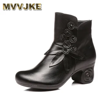 

MVVJKE Beauty Folk Style Retro Genuine Leather Ankle Boots Women High Heeled Comfortable Winter Warm Boots Female Leisure Shoe