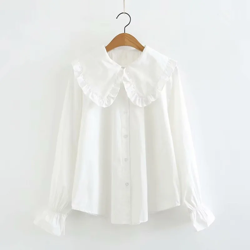 

2019 spring Summer Long Flare Sleeve Solid color Loose Cotton regular Women Shirt Blouse Tops