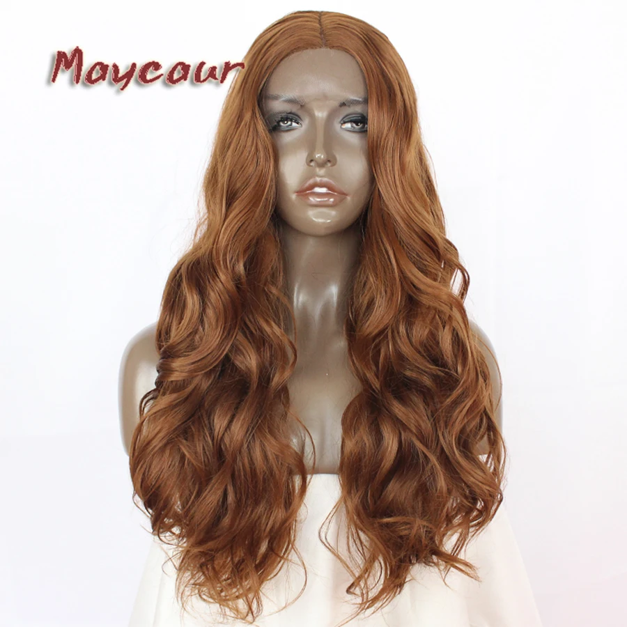 Maycaur 22 "#30 коричневый супер волнистые парики средняя часть синтетический Синтетические волосы на кружеве парики Glueless термостойкий парик