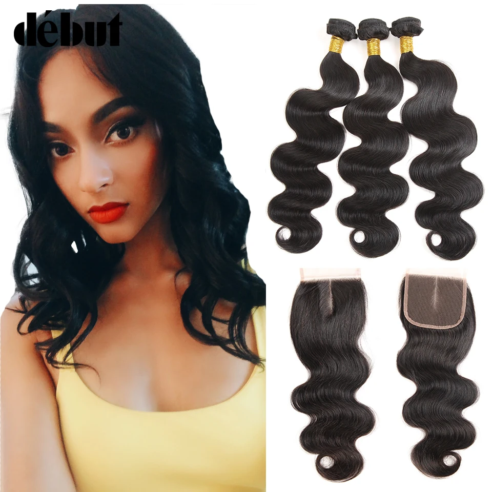 Debut Body Wave Human Hair Bundles With Closure Brazilian Hair Weave 3 Bundles With Lace Closure Non Remy Hair Extension