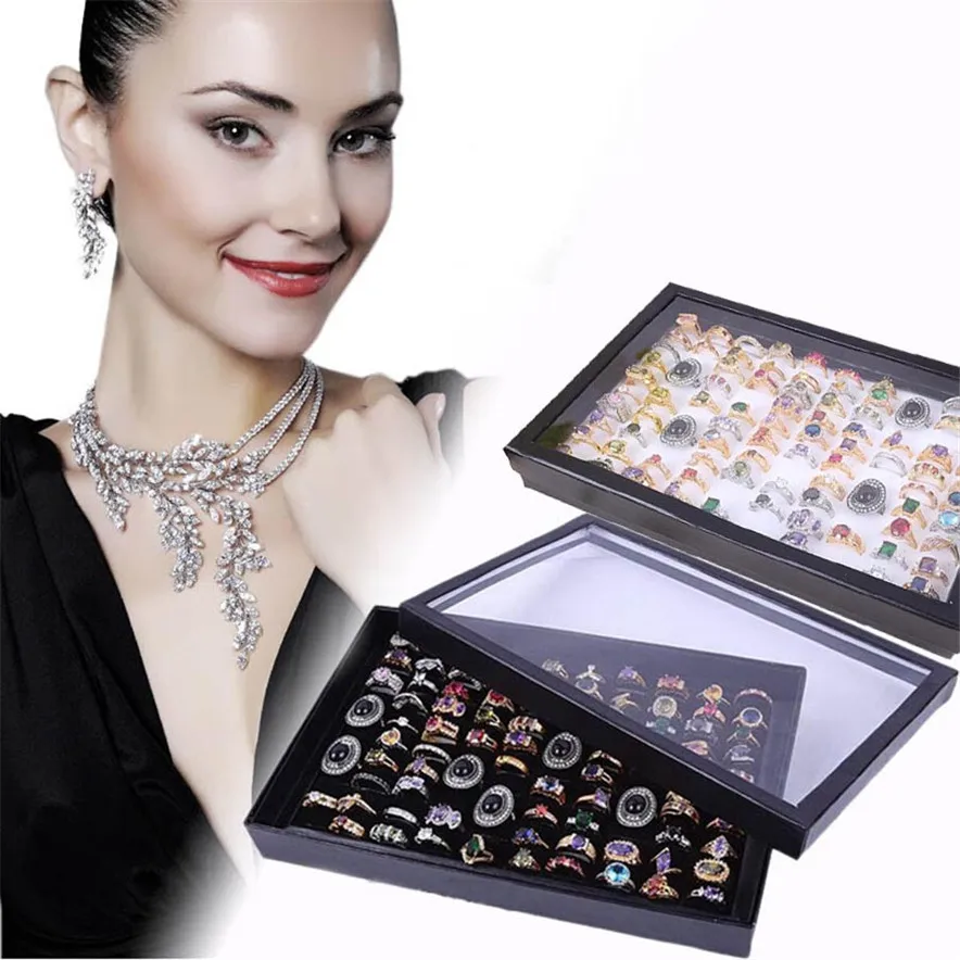 black& white color Jewelry Rings Display Tray Velvet 100 Slot Case Box