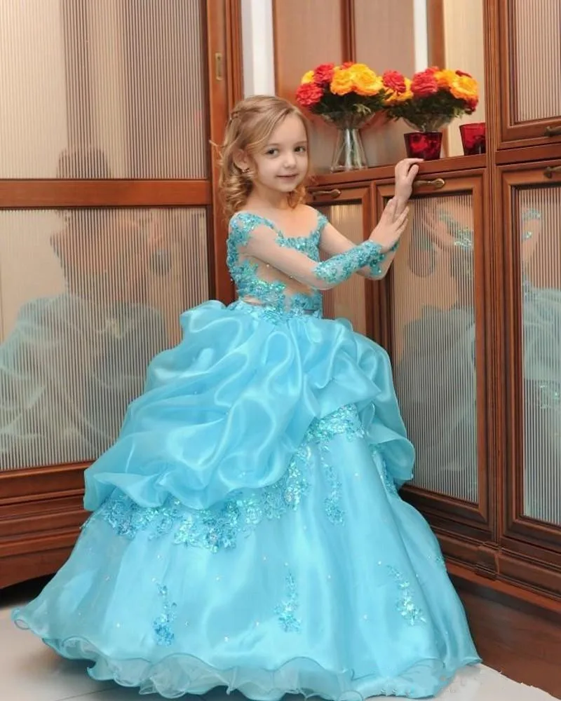 

Peplum Flower Girl Dresses For Wedding Illusion Long Sleeves Lace Appliques Sequined Crystals Customized Kids Pageant Gowns Long