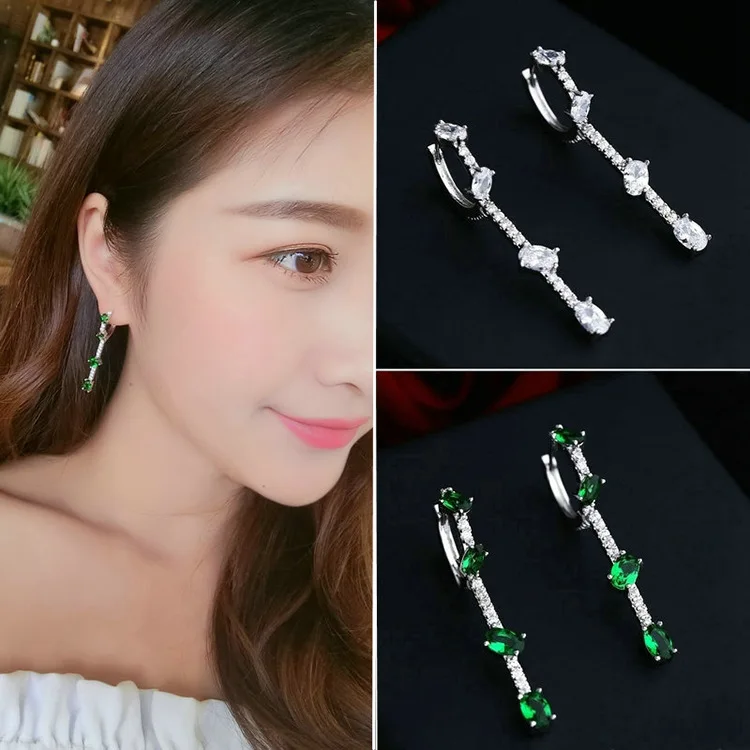 

High quality fashion long straight ear buckle earrings female micro inlaid zircon temperament straight ladies earrings