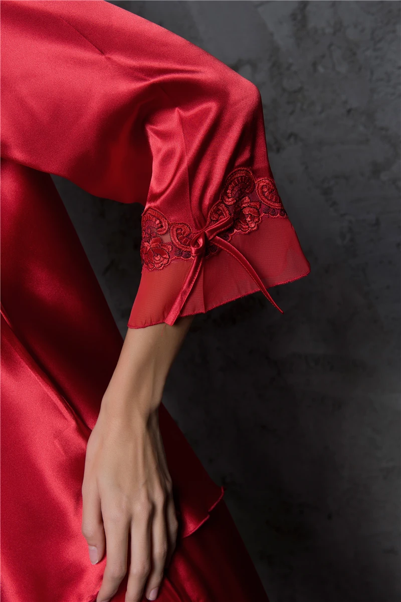 Дамский Сексуальный Шелковый Атласный пижамный комплект в виде кружевной пижамы длинный пижамный комплект с v-образным вырезом Осенняя Домашняя одежда для сна для женщин H657