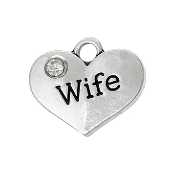 

DoreenBeads Zinc Alloy + Rhinestone Charm Pendants Heart Antique Silver Color Message" Wife " With Rhinestone 17mmx14mm,2 PCs