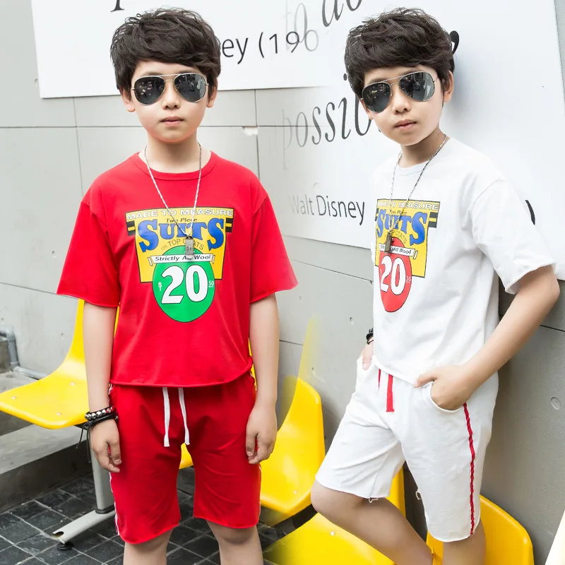 

red white black 2 pieces suits for boys summer 2017 letters peinted children set boys clothing t-shirts tops knee length pants b