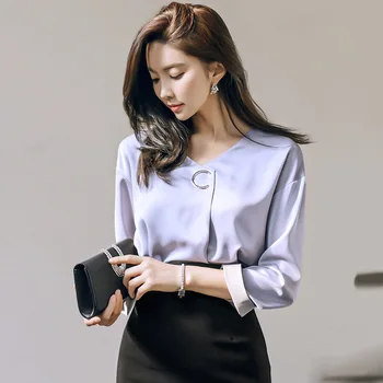 

Foamlina Elegant Ladies Shirt Solid V Neck Long Sleeve Casual Shirt Blouse New Fashion Women Autumn Shirt for Work Office Shirts