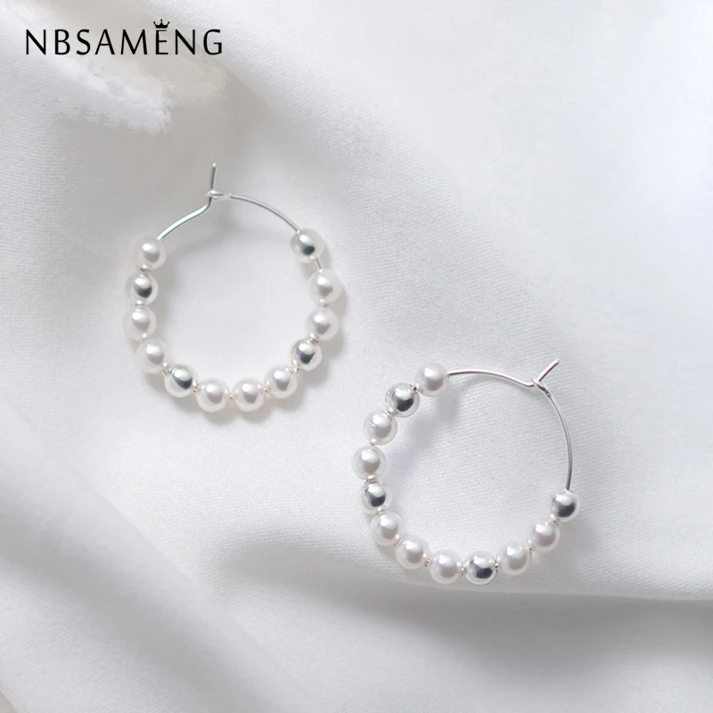 

NBSAMENG 100% 925 Sterling Silver Hoop Pearl Round Circle Stud Earrings for Women Fashion Jewelry Gift Prevent allergy Handmade