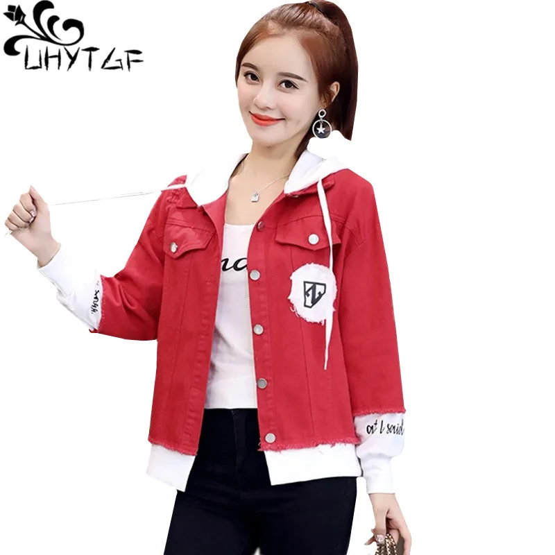 

UHYTGF Spring autumn coats and jackets women Casual Hooded short denim jacket top outerwear student Plus size jacket female 304