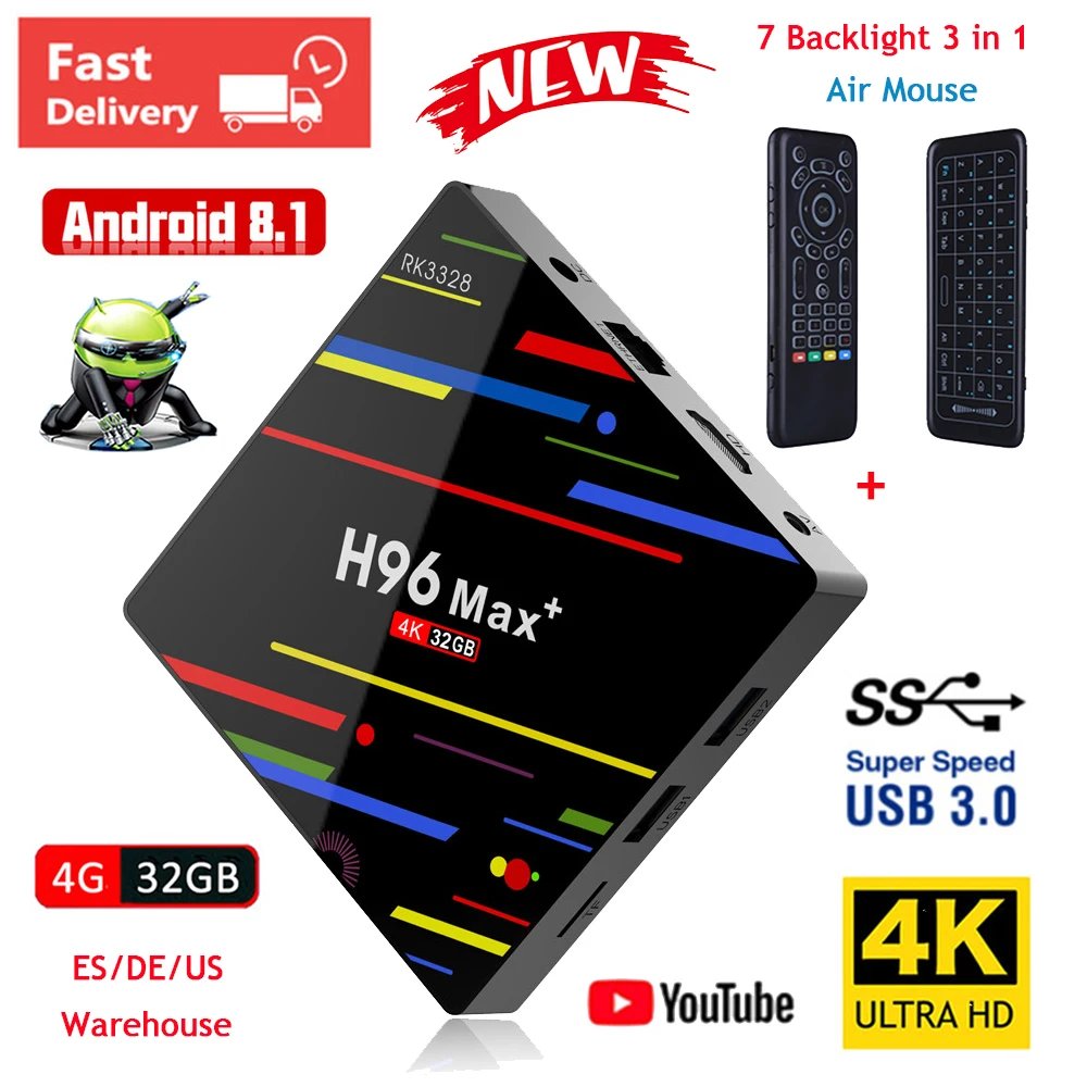 

H96 Max Plus Android 8.1 TV Box 4GB RAM 32GB ROM RK3328 Quad Core USB 3.0 H.265 4K Set-top Box with Backlight 3 in 1 Air Mouse