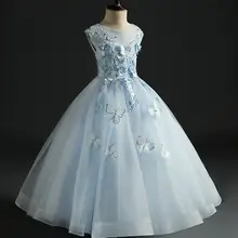 Бисерные аппликации тюль для девочек Пышное Бальное Платье Длинные Платья с цветочным узором для девочек на свадьбу вечерние платья принцессы для первого причастия