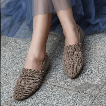 

2019 Pointed Toes Lady Flat Shoes Full Grain Leather Handmade Woven Comfortable Original Woman Loafers