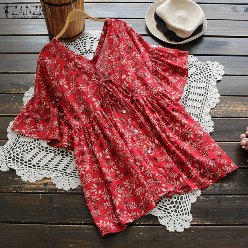 

2019 ZANZEA Summer Bohemian Blouse Women Sexy V Neck Butterfly Sleeve Floral Printed Cotton Linen Shirt Casual Femme Top Blusas