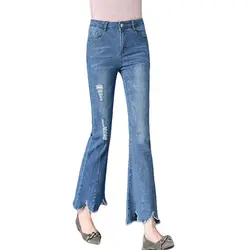 Высокая талия женщины рваные джинсы 2018 модные брюки-клеш поцарапанные отверстие джинсы кисточкой широкую ногу старинные Панталон CM2545