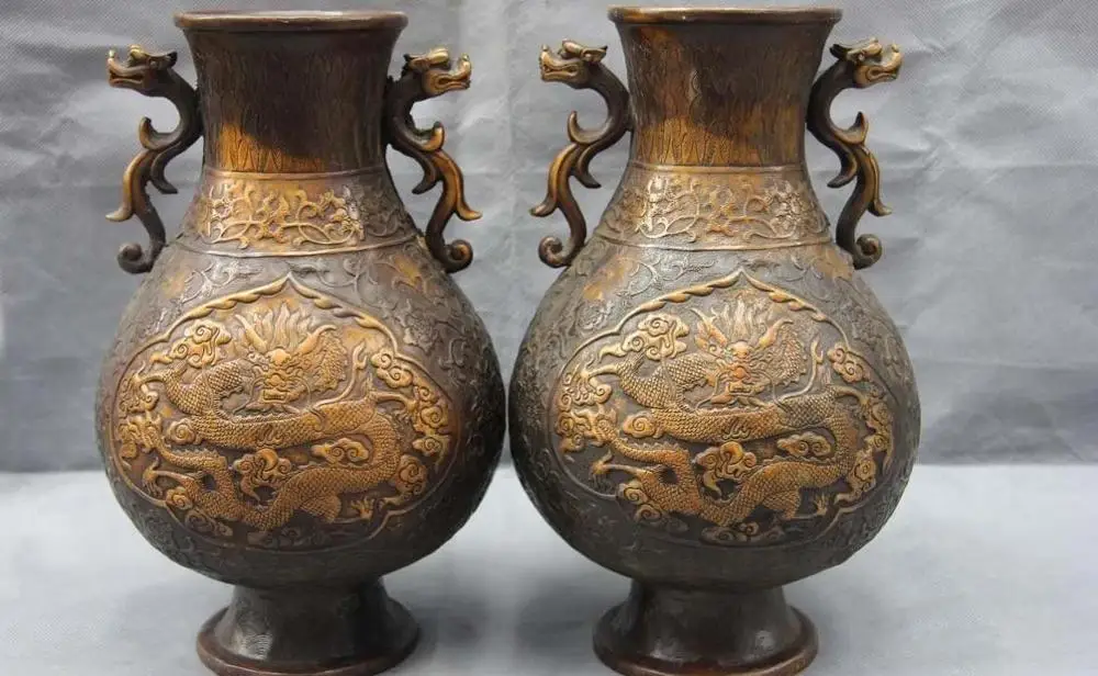 

Chinese Royal Palace Copper Bronze FengShui Dragon Aquarius Bottle Pot Vase Pair