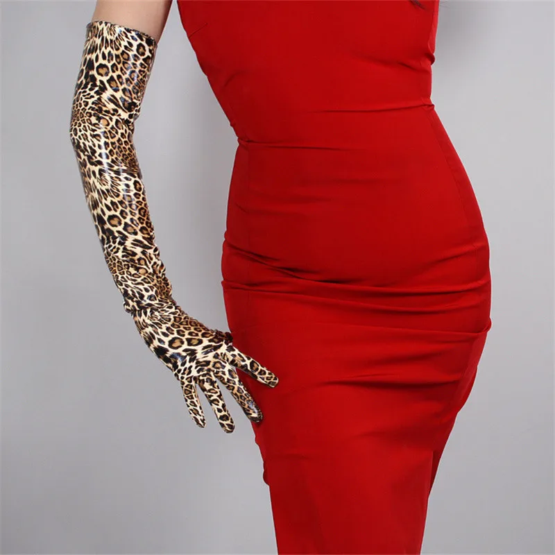 Женские Модные леопардовые кожаные перчатки 28 см, лакированная кожа, короткая искусственная кожа, яркая кожа, золотисто-коричневая, животный узор - Цвет: 60CM