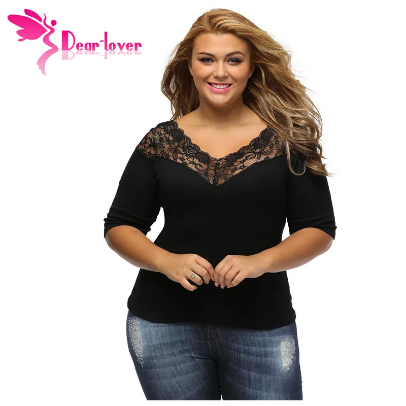 

Dear Lover plus size tops Autumn 2018 Off Shoulder V Lace Neckline Spliced Curve 3/4 Sleeve Black Blouse Female Shirts LC25914