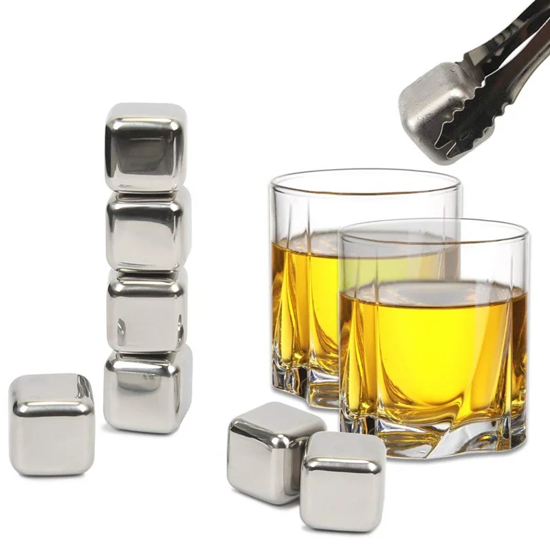 LMETJMA 8pcs/set Stainless Steel Reusable Ice Cubes Chilling Stones with Tongs Whiskey Stones Drink Coolers for Wine KC0152