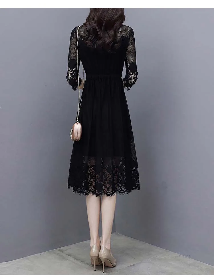 Летнее женское платье Черное Кружевное с бантом на шее Ретро Vestidos женское элегантное винтажное платье трапециевидной формы с коротким рукавом Повседневная облегающая одежда