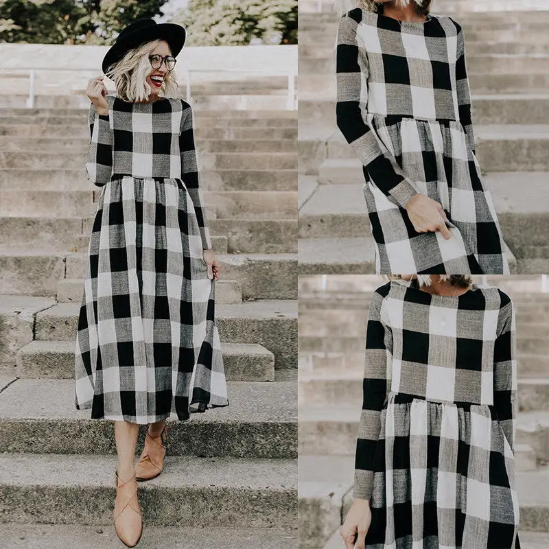 

MeiHuIDa 2018 New Style Fashion Casual Women Long Dress Plaid Long Sleeve Loose O Neck Party Sundress Dress