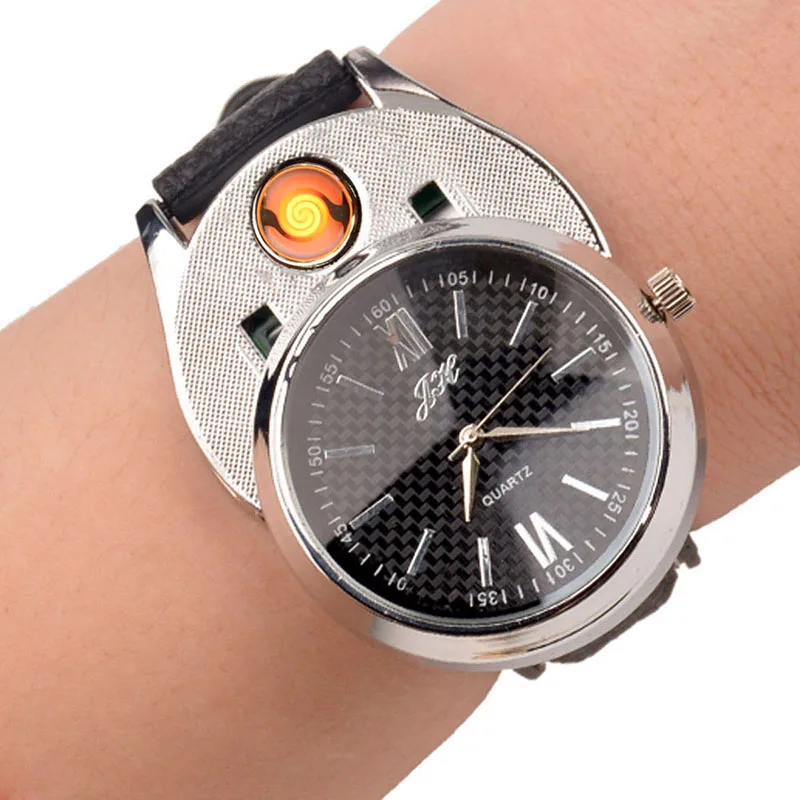 

2Pcs/lot men Watches USB Rechargeable Flameless Cigarette Lighter relogio masculino Clock Men's Quartz Wristwatches Lighter