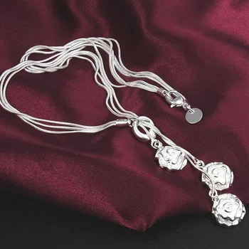 

Rose flowers Women Full Sideways Silver Necklace 925 Sterling Silver Fashion Jewelry Women Men Link Chain Necklace X024