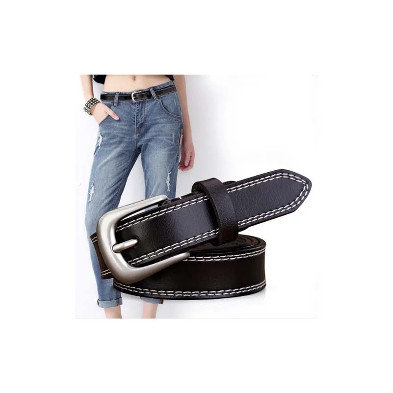 

HOT Silver Round buckle belts female leisure jeans wild belt without pin metal buckle brown leather black strap belt women