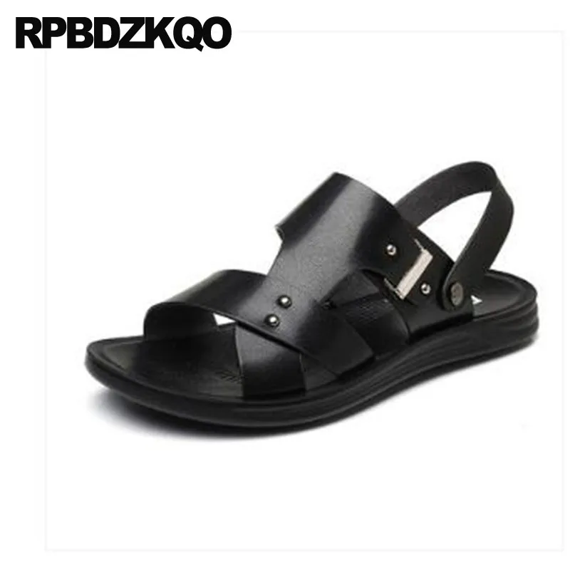 

Open Toe Slides Slip On Men Sandals Leather Summer Slippers Runway Black Outdoor Waterproof Strap Brown Flat Fashion Sneakers