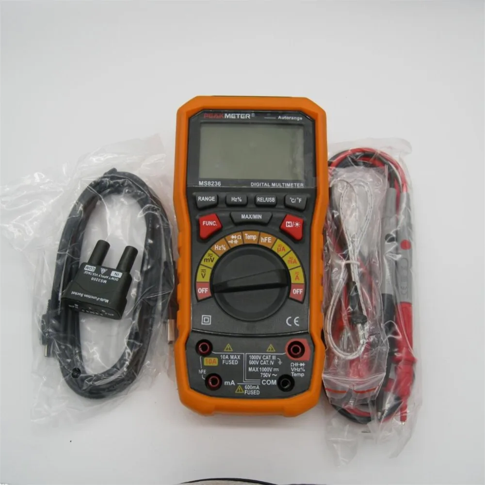

PEAKMETER MS8236 6000 Counts Digital Multimeter with T-RMS / USB 1000V 10A 60M Ohm 100mF 10MHz Duty cycle Temperature