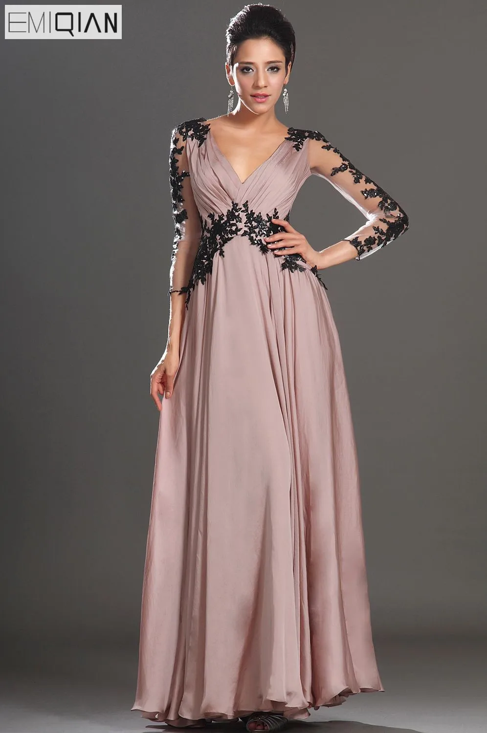 

Free Shipping New Sexy 3/4 Sleeve V-neck Black Applique Chiffon Evening Dress