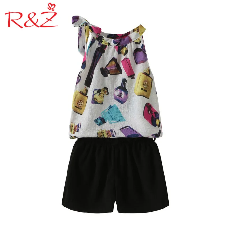 

R&Z Big Girls Sets 2018 New Summer Fashion Chiffon Suspenders Tops+ Black Shorts 2pcs Suits for 4-11Y Kids Children's Clothing