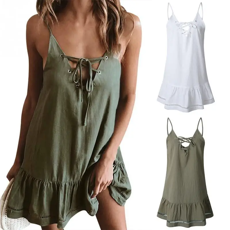 

2019 Womens Dress Ladies Summer Ruffle Strappy Hollow Out V-Neck Sling Backless Sexy Mini Dress Plain Beach Holiday Casual