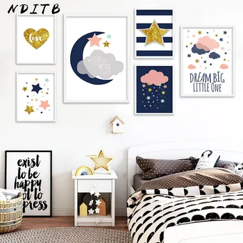 

NDITB Moon Stars Canvas Posters Baby Nursery Wall Art Print Cartoon Painting Nordic Kids Decoration Pictures Children Room Decor