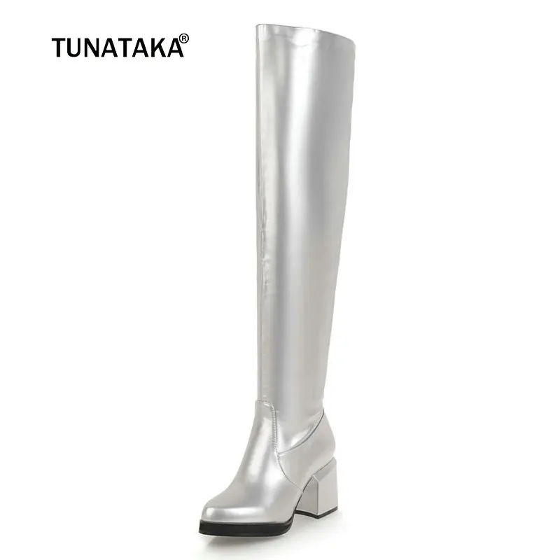 

Women High Quality PU Thick Heel Knee High Boots Fashion Zipper Boots Female Fall Winter Pointed Toe Shoes Black Red