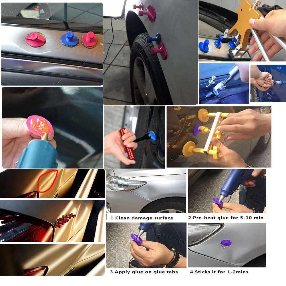 24 P PDR потянув клей вкладки автомобиль Dent Repair Tool Paintless Дент ремонтных работ с клеем Съемник Slide Молотки, t бар, Дент Lifter инструмент