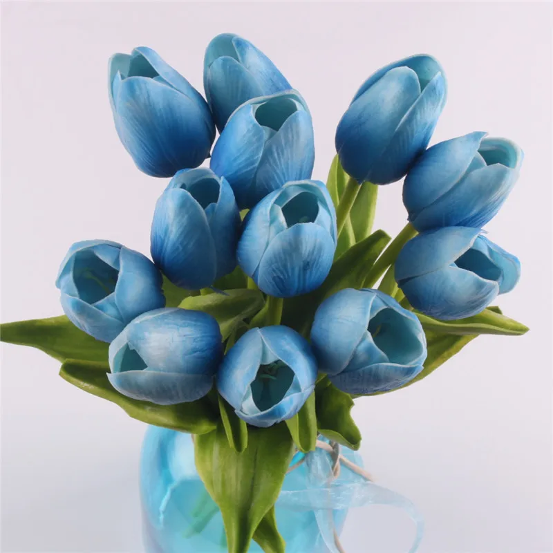 12 шт., настоящий на ощупь, ПУ мини тюльпан, цветок, свадебные цветы, букет, искусственный шелк, цветок для дома, вечерние, украшение, подарок - Цвет: blue