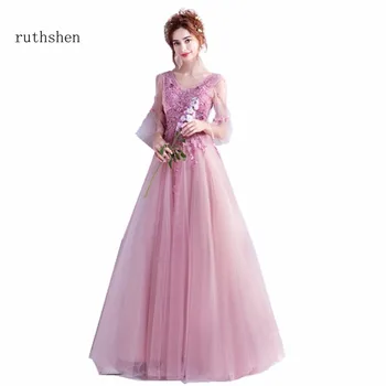 

ruthshen Long Prom Dresses Luxury Prom Dresses Vestidos De Festa Vestido Longo Formatura Pink Half Sleeves Evening Gowns 2019