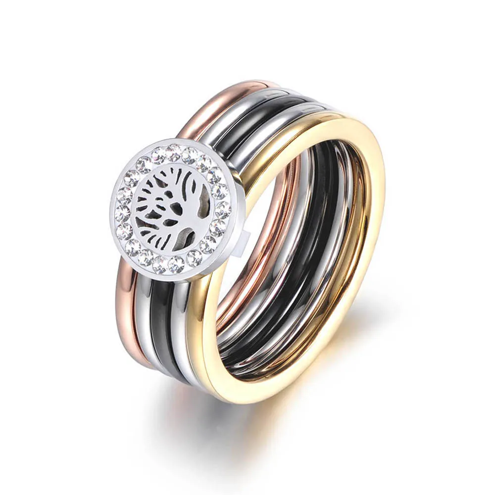 

JeeMango Colorful Gold CZ Crystal Life Tree Rings Jewelry Titanium Steel Wedding Engagement Ring For Women Gift Anneaux R18015