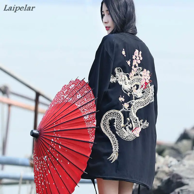 

harajuku Japanese kimono cardigan 2018 vintage novelty summer cherry dragon embroidery chiffon sun protection women clothing