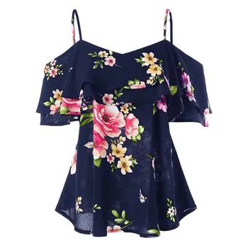 

t shirt women Floral Printing Off Shoulder Shirt Sleeveless summer girl Tops tshirt trendy clothes for women