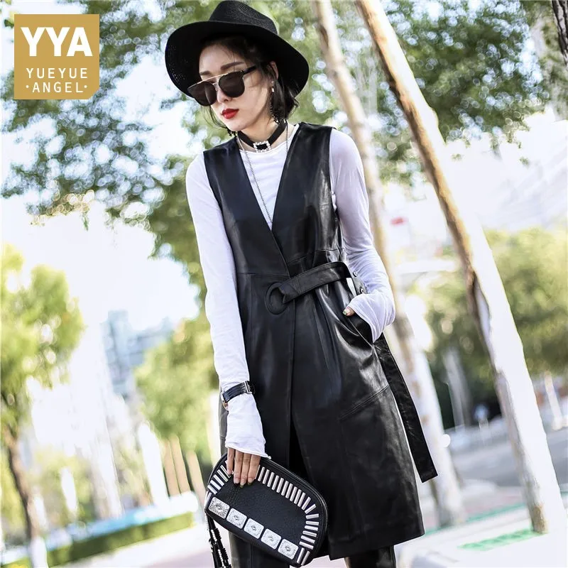 Noir Gilet Vestes Streetwear Cuir Ceinture D'été Black En Mode Dames Mince Femmes 2019 Réel Agneau Longue De Véritable Trench coat w8q0wTY