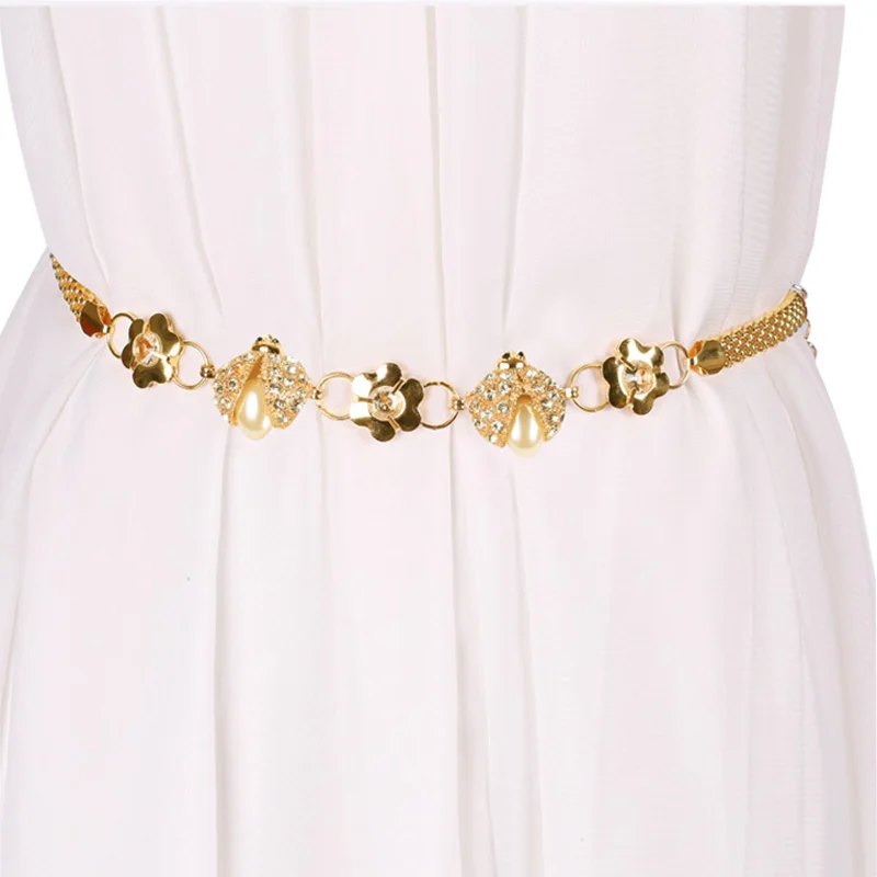 

Cute Metal Beetle Diamond Lnlay Golden Waist Belt Accessories Dress Fashion Belts for Women Corn Shape Woman Metal Chain Belt