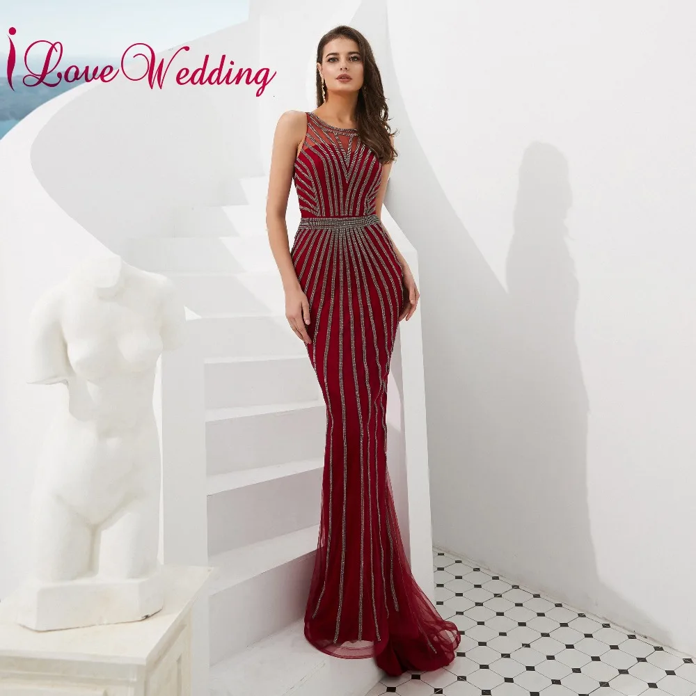 ILoveWedding 2019 Роскошные вечернее платье с круглым вырезом Серый блёстки торжественное без рукавов Красный Liningg длинные платья русалки