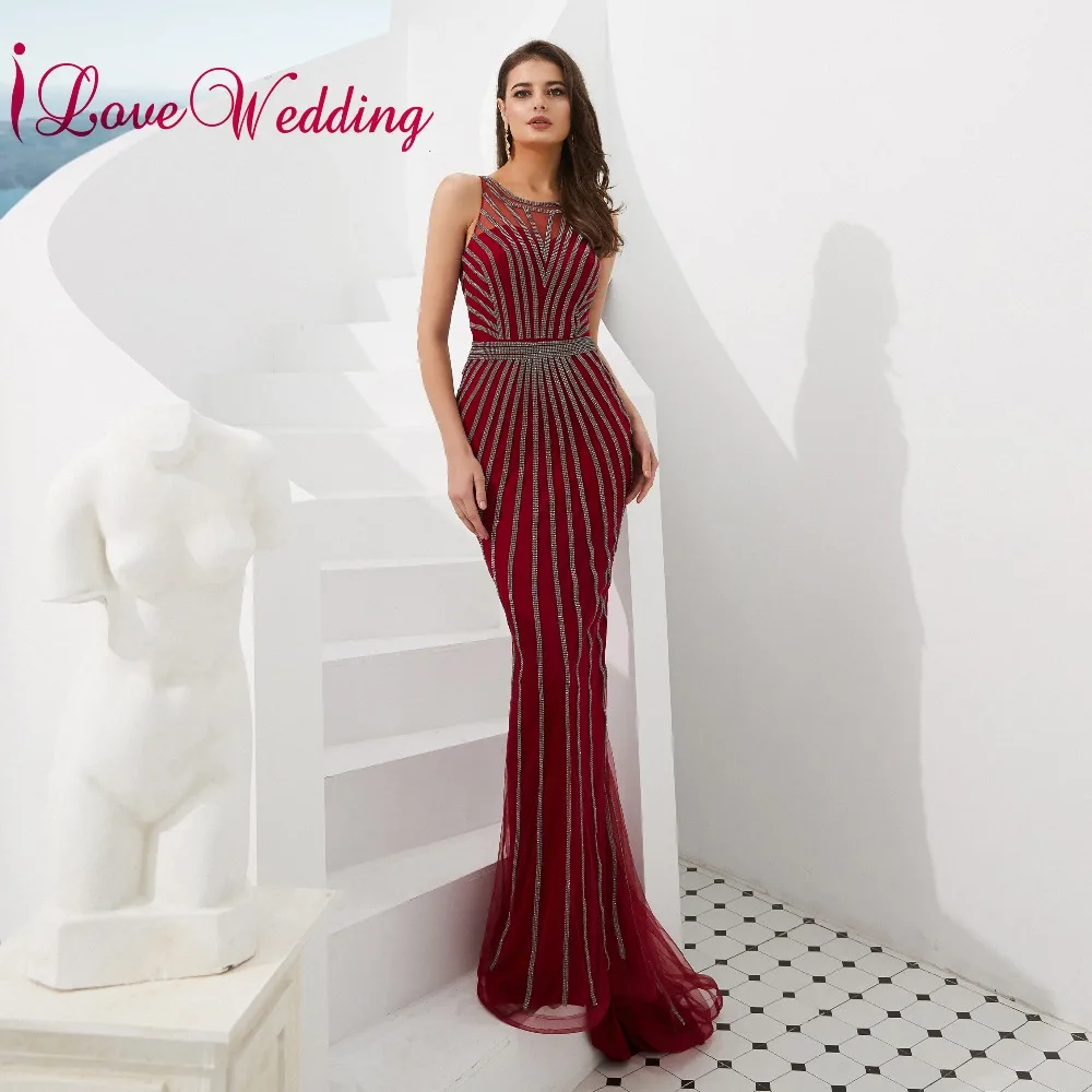 

iLoveWedding 2019 Luxury Evening Dress O Neck Grey Sequins Formal Gown Sleeveless Red Liningg Mermaid Long Dresses Evening