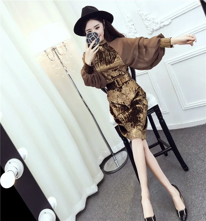 2018 Autumn Fashion Chiffon Lanterns Sleeve Velvet Patchwork Dresses Vintage Sashes Pleated Velvet Dress Dresses