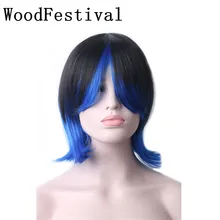 дешево✲ WoodFestival Black Blue Wig Cosplay Короткие парики с челкой и синтетическими волосами