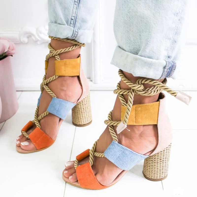 

MCCKLE Summer Women Sandals High Heel Peep Toe Mixed Candy Color Female Hemp Cross Lace Up Ladies Fashion Casual Shoes Plus Size