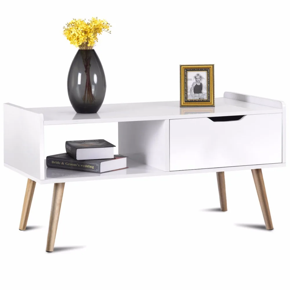 Giantex Modern Coffee Table Side End Table Cabinet With Drawers Solid Wood Legs Home Furniture HW57466