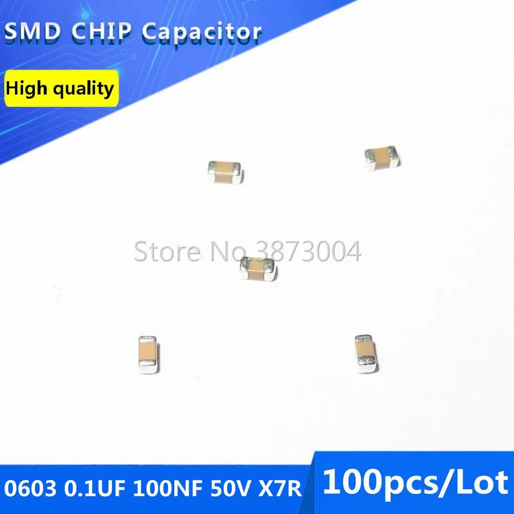 

100pcs 0603 0.1UF 100NF 50V X7R 10% SMD Chip Capacitor